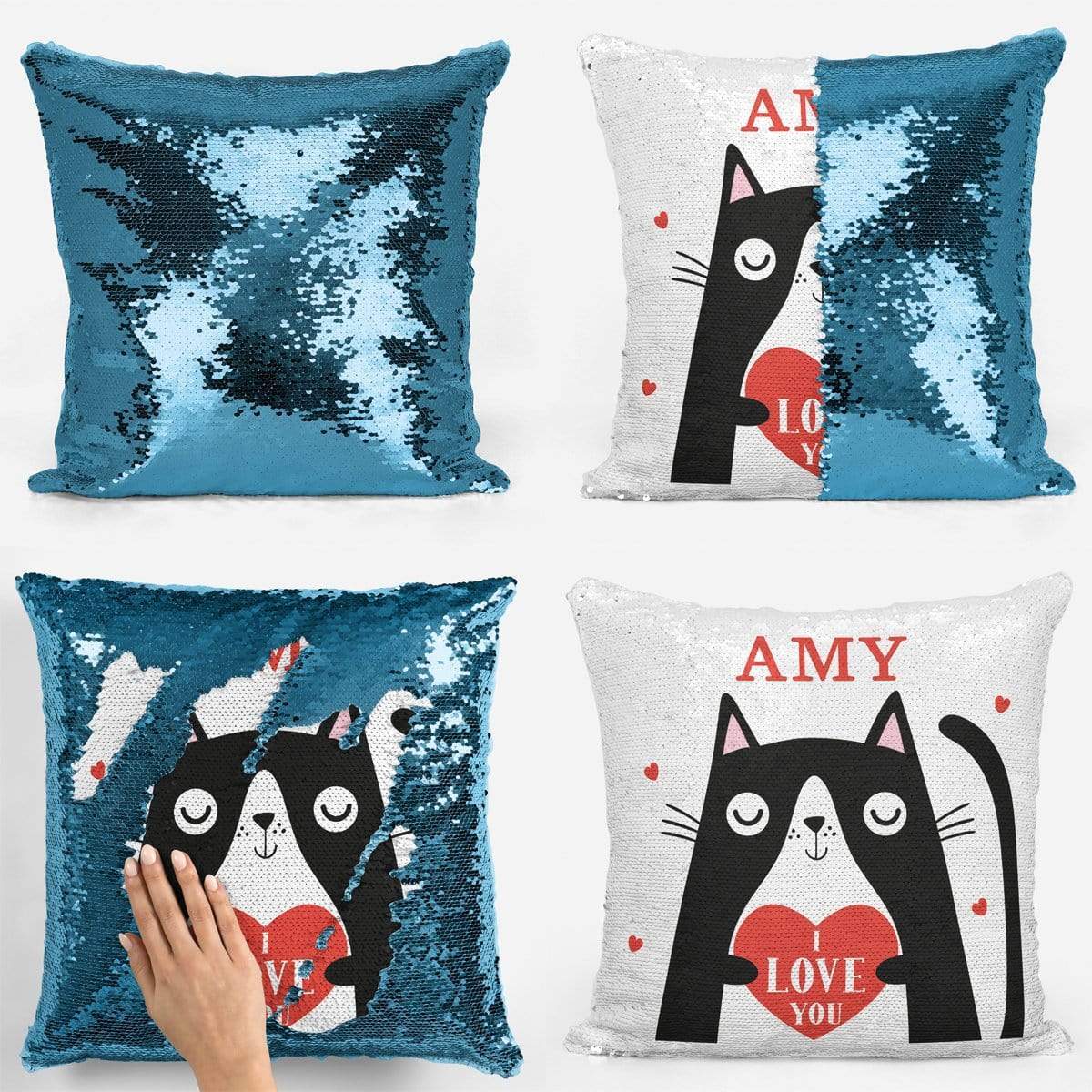 Cat Love Heart Sequin Magic Cushion