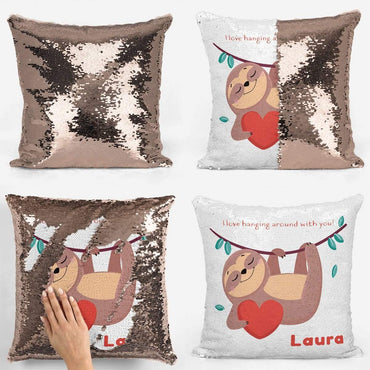 Hanging Around with You Sloth Valentines Sequin Magic Cushion