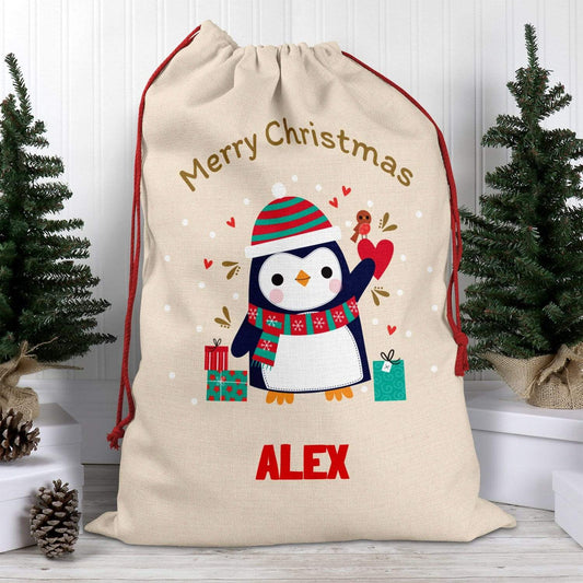 Merry Christmas Penguin Santa Sack