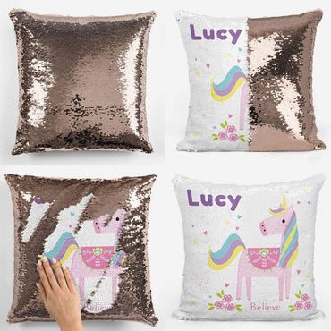 Personalised Believe Unicorn Sequin Magic Cushion