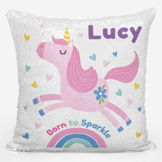 Personalised Born To Sparkle Unicorn Sequin Magic Cushion
