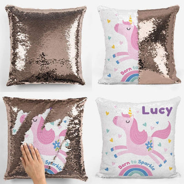 Personalised Born To Sparkle Unicorn Sequin Magic Cushion