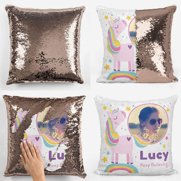 Personalised Keep Believing Photo Unicorn Sequin Magic Cushion