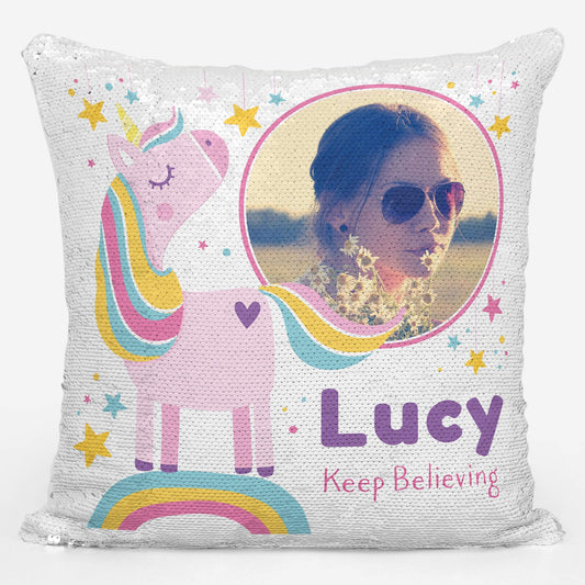 Personalised Keep Believing Photo Unicorn Sequin Magic Cushion