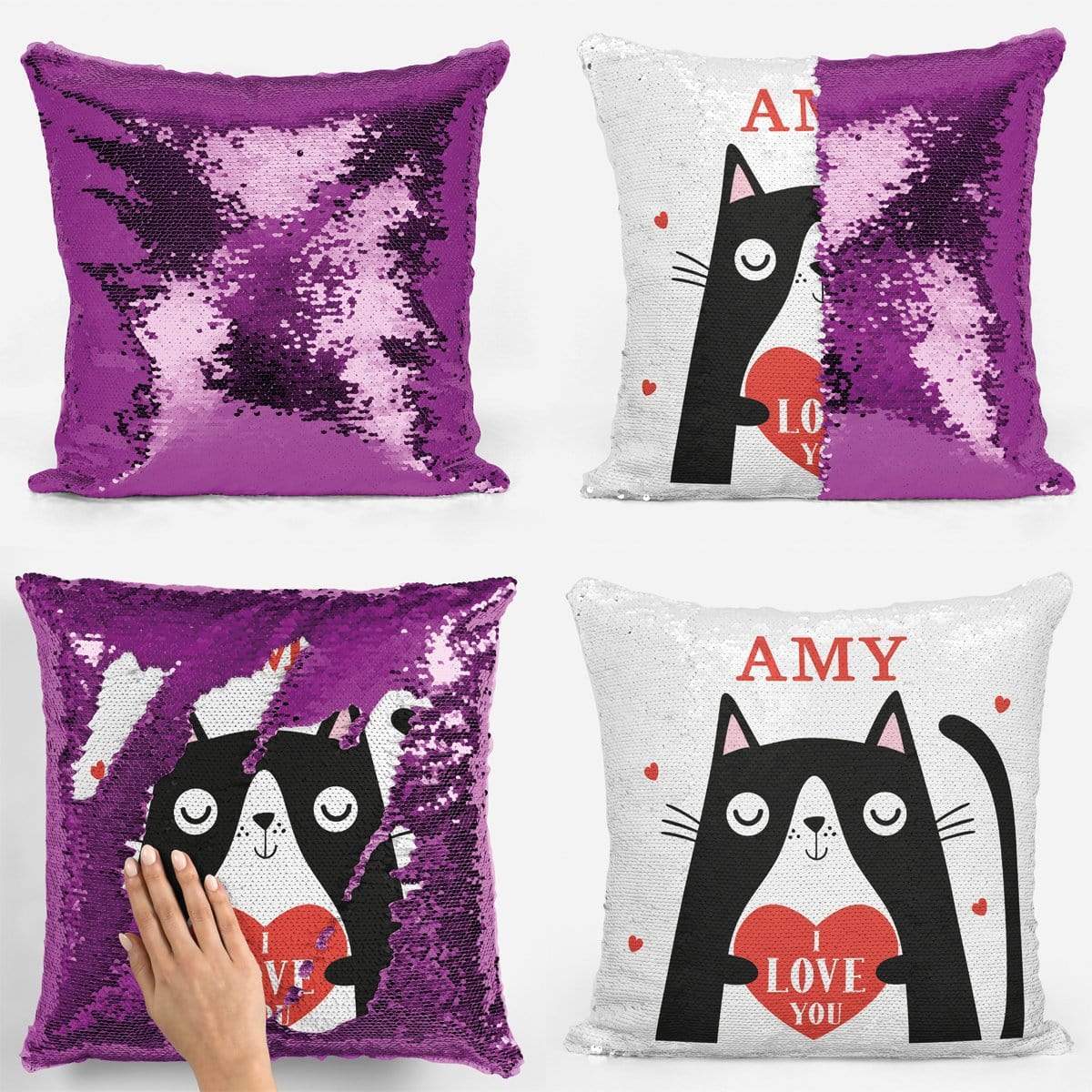 Cat Love Heart Sequin Magic Cushion