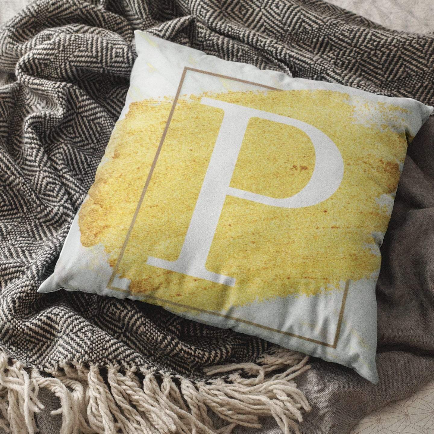 Gold Glitter Monogram Cushion - Linen
