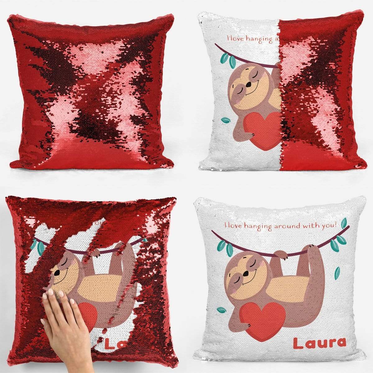 Hanging Around with You Sloth Valentines Sequin Magic Cushion