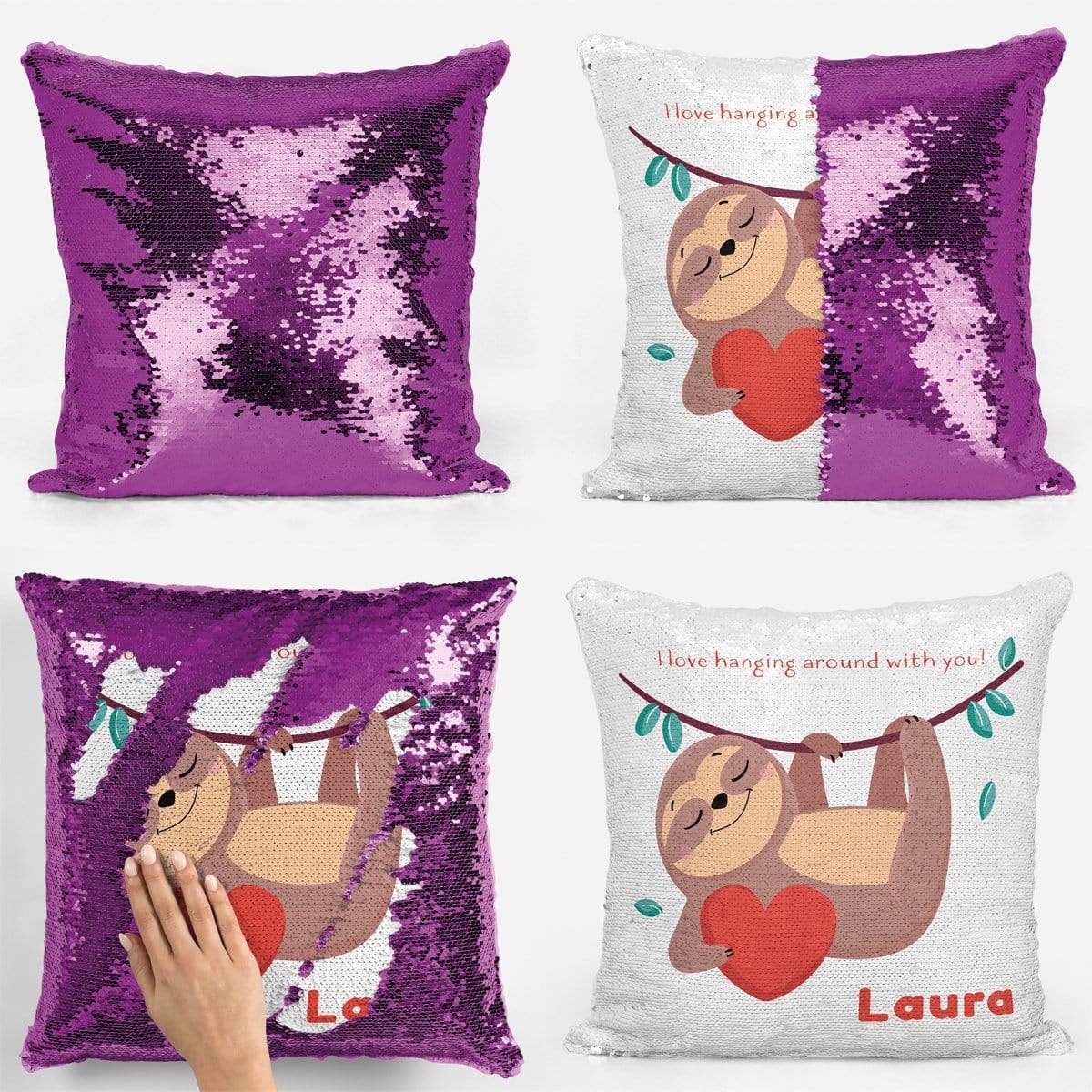 Hanging Around with You Sloth Valentines Sequin Magic Cushion