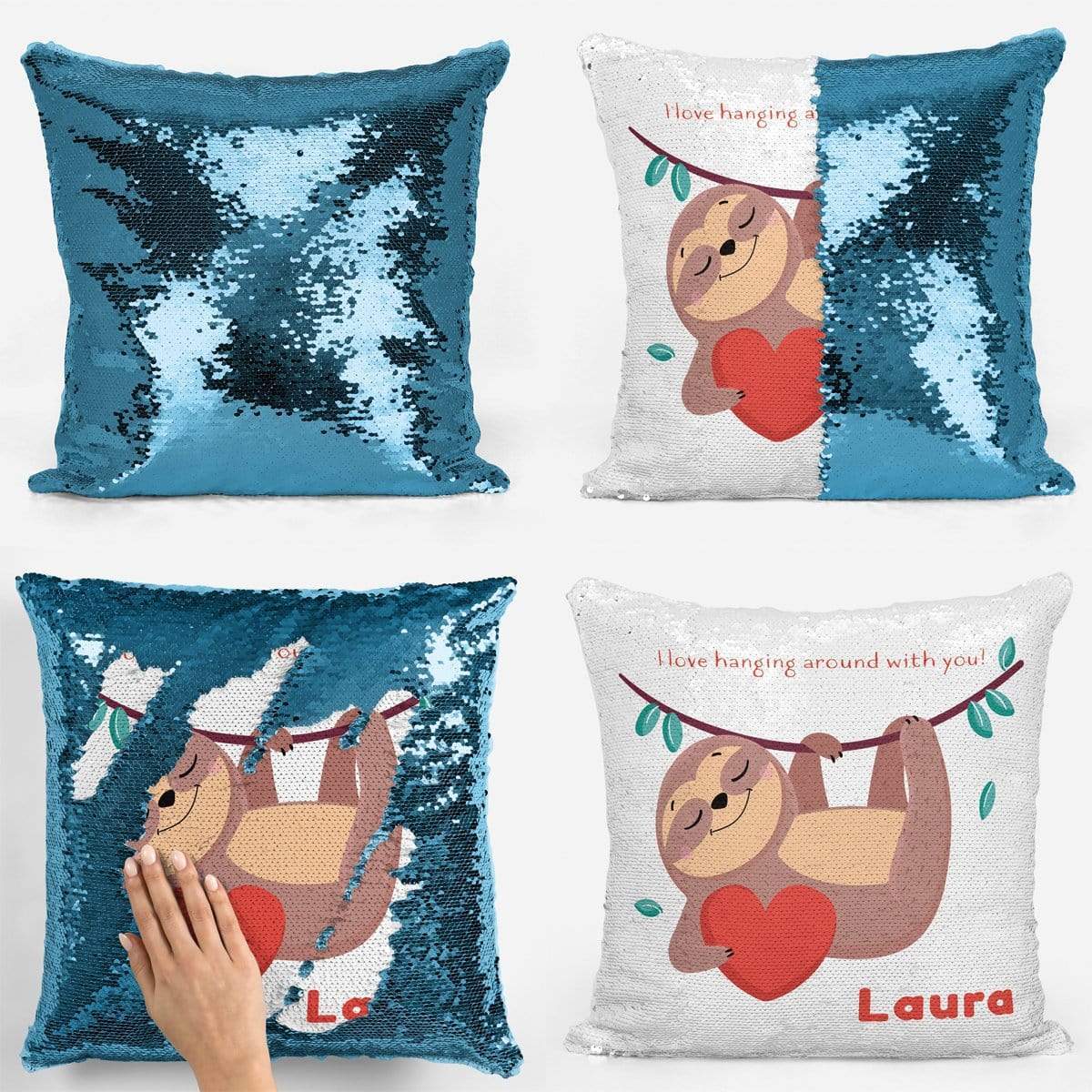 Hanging Around with You Sloth Valentines Sequin Magic Cushion