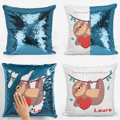 Hanging Around with You Sloth Valentines Sequin Magic Cushion