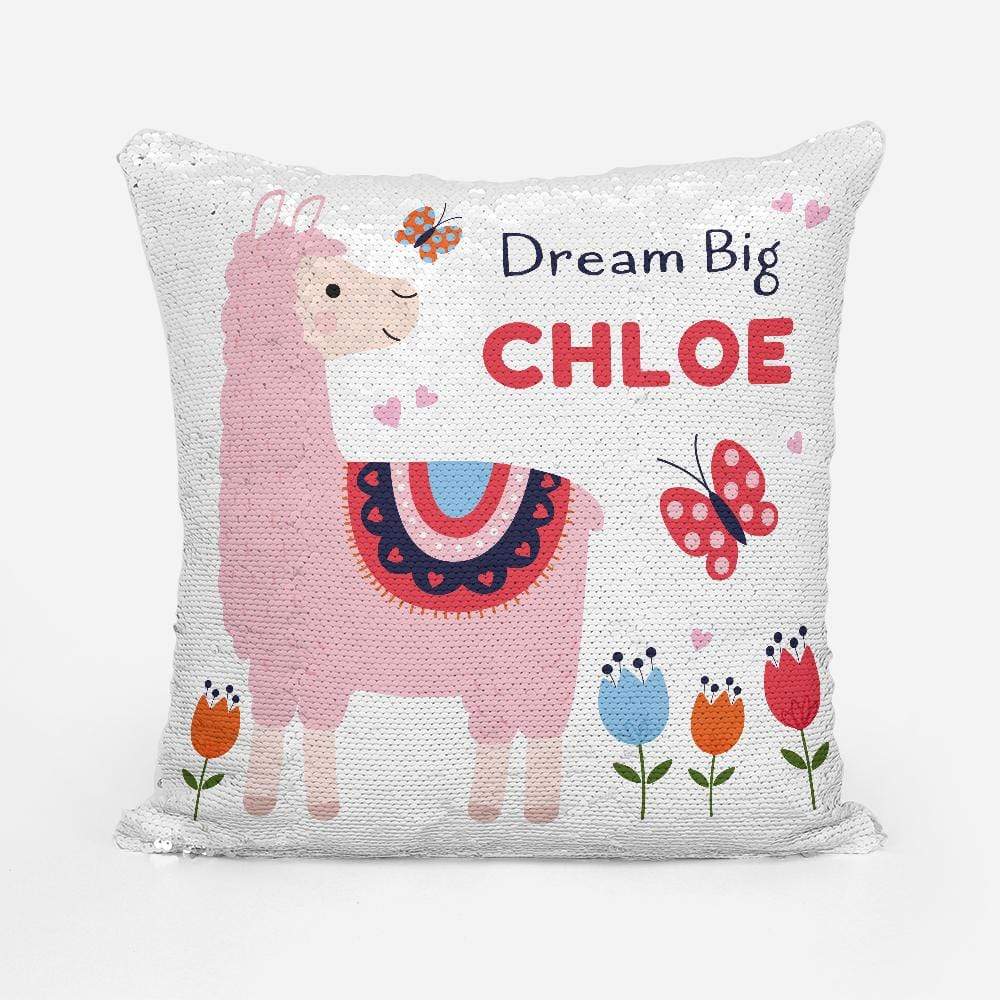 Personalised Dream Big Pink Llama and Butterfly Sequin Magic Cushion