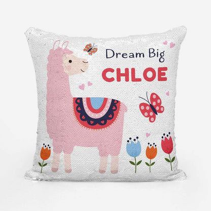 Personalised Dream Big Pink Llama and Butterfly Sequin Magic Cushion