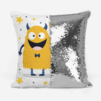 Personalised Yellow Little Monster Sequin Magic Cushion